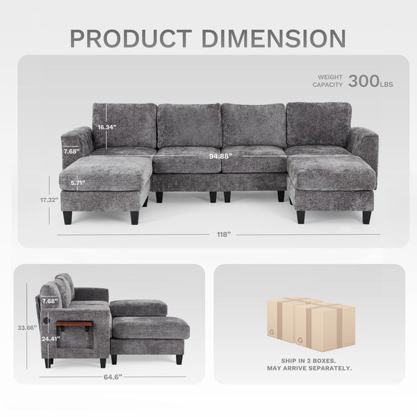 118" Modular Sectional Sofa with Ottomans, USB Ports & Foldable Side Table