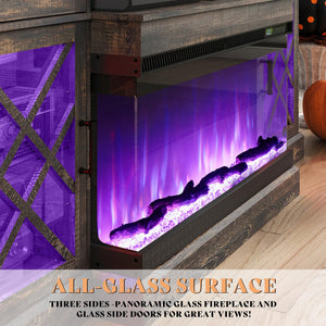 Farmhouse Fireplace TV Stand with 3-Sided LED Glass – 70" Entertainment Center