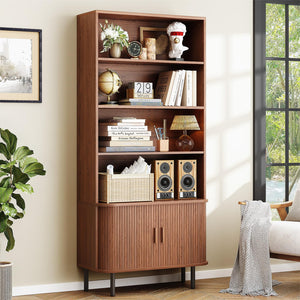 71" 4-Tier Bookshelf with Sliding Door Storage Cabinet