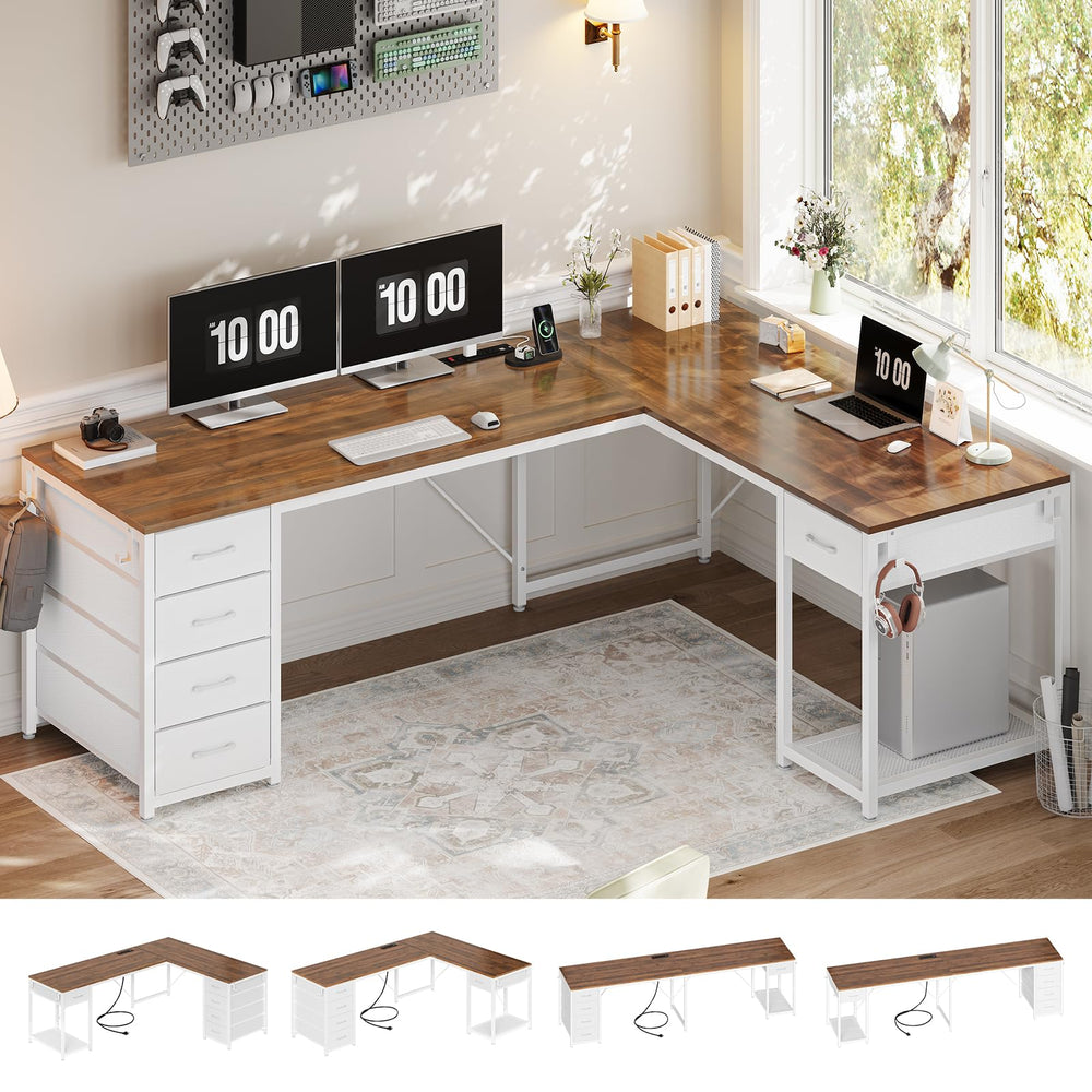 L-Shaped Desk with Drawers & Built-In Power Strip