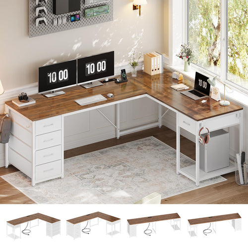 L-Shaped Desk with Drawers & Built-In Power Strip