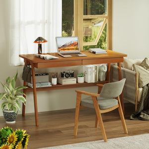 47" Mid-Century Modern Writing Desk with 2 Drawers & Storage Shelf
