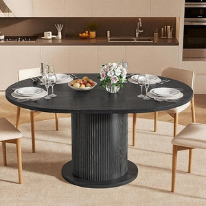 59 inch Round Dining Table for 6, Modern Farmhouse Kitchen Table, Circle Dining Tables with Wood Strip Base for Kitchen Living Room (Big Adjustable Walnut)