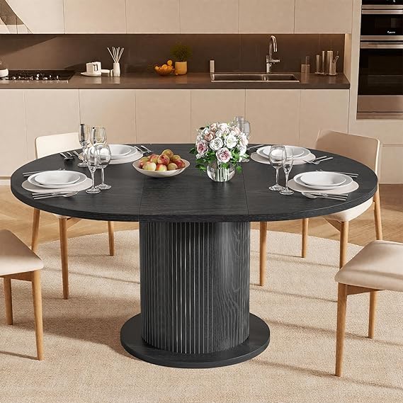 59 inch Round Dining Table for 6, Modern Farmhouse Kitchen Table, Circle Dining Tables with Wood Strip Base for Kitchen Living Room (Big Adjustable Walnut)