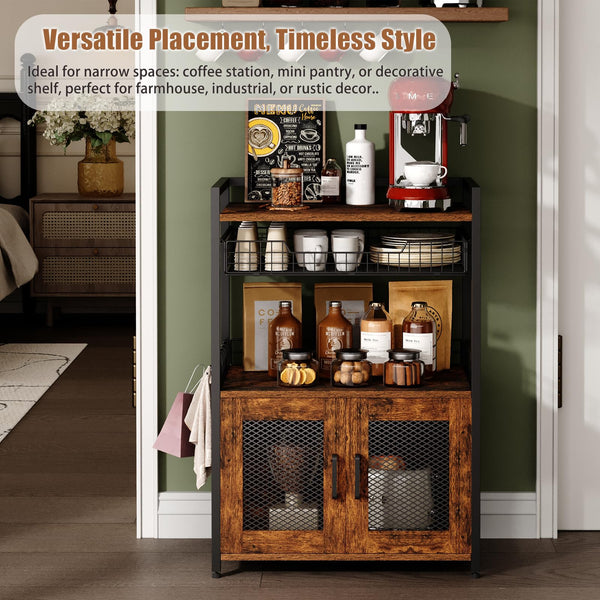 3-Tier Coffee Bar Cabinet with Wheels & Wire Basket Drawer