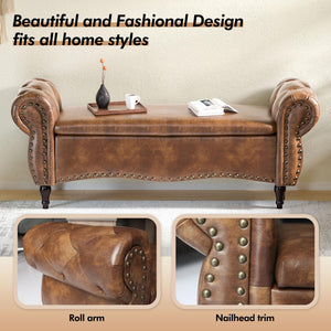Upholstered Storage Ottoman Bench with Rolled Arms & Nailhead Trim