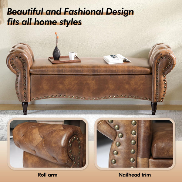 Upholstered Storage Ottoman Bench with Rolled Arms & Nailhead Trim