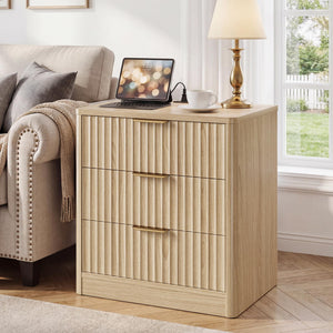 Fluted Nightstand Set of 2 with Charging Station & 3 Drawers