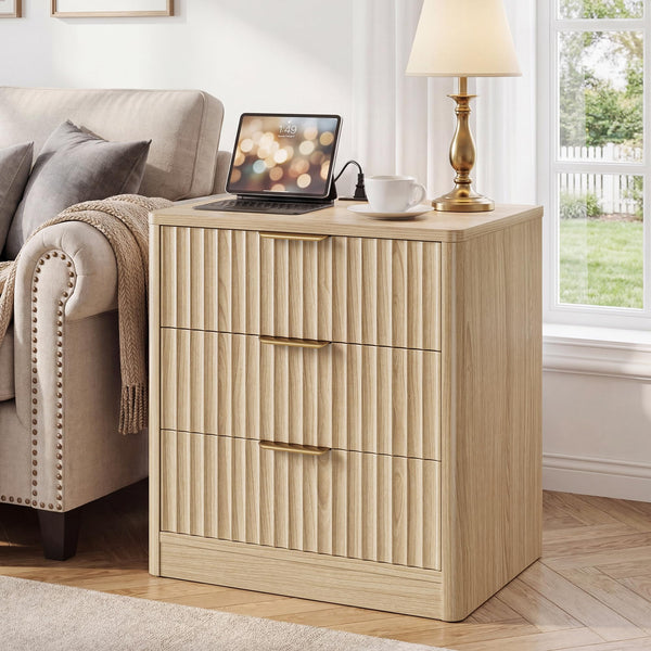 Fluted Nightstand Set of 2 with Charging Station & 3 Drawers