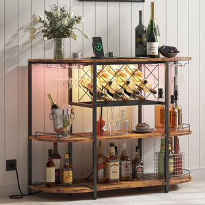 3-Tier Wine Cabinet Bar Cart with LED Light & Power Outlet