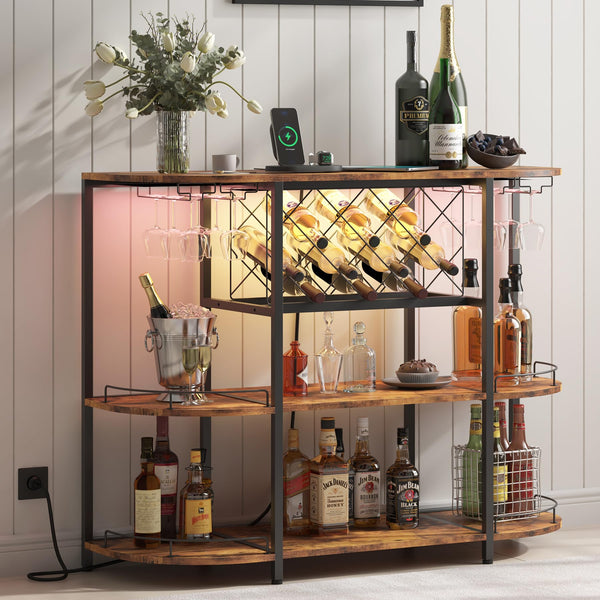 3-Tier Wine Cabinet Bar Cart with LED Light & Power Outlet