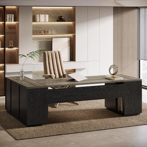 L-Shaped Executive Office Desk with File Drawers & Storage Cabinet