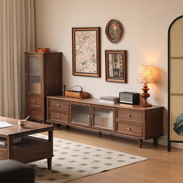Solid Walnut Wood TV Stand – Mid-Century Modern Media Console with Storage