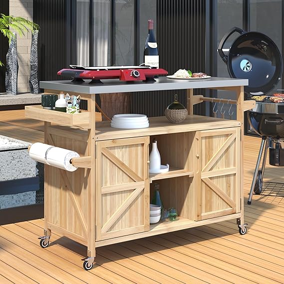 Outdoor Grill Cart with Storage, Rolling Bar Cart and Lockable Wheels, Farmhouse Solid Wood Outdoor Grill Table with Stainless Steel Top, Spice Rack, Towel Rack for Kitchen and BBQ, Grey Blue
