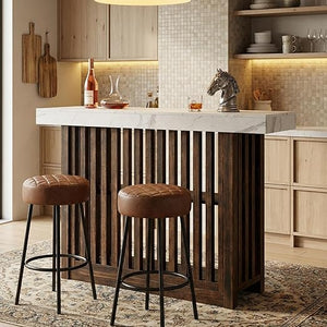 Modern Bar Table with Faux Marble Top & Storage Shelves
