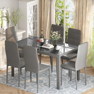 7-Piece Tempered Glass Dining Table Set with 6 PU Leather Chairs
