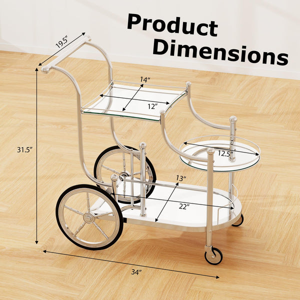 3-Tier Rolling Bar Serving Cart with Glass Shelves