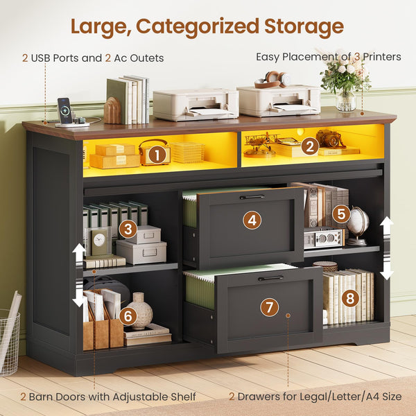 47.2" File Cabinet with 2 Drawers, Barn Door & LED Lights