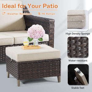 Patio Ottoman Set of 2 – All Weather Outdoor Rattan Footstools with Removable Cushions