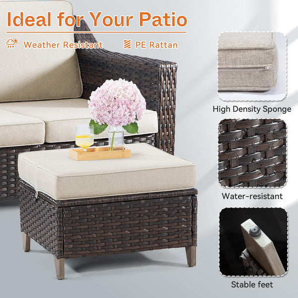 Patio Ottoman Set of 2 – All Weather Outdoor Rattan Footstools with Removable Cushions