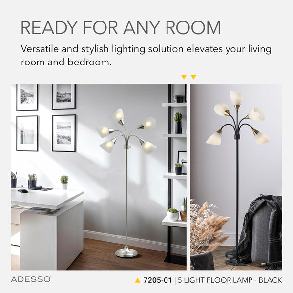5-Head Arc Floor Lamp with Adjustable Gooseneck Shades