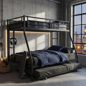 Twin Over Full Bunk Bed with Trundle – Metal Frame, Guardrails & Ladder