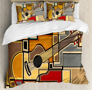 Queen Duvet Cover Set — Guitar Geometric Print, Pale Yellow, 3-Piece