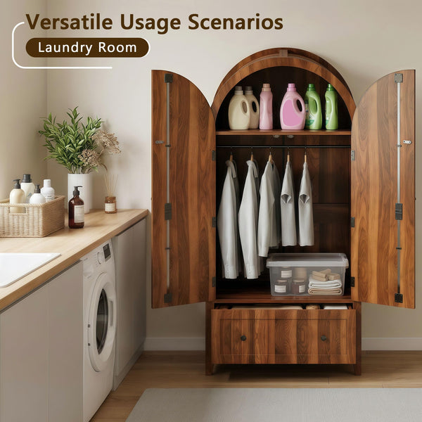 Armoire Wardrobe Closet with Drawer & Arched Doors — Walnut