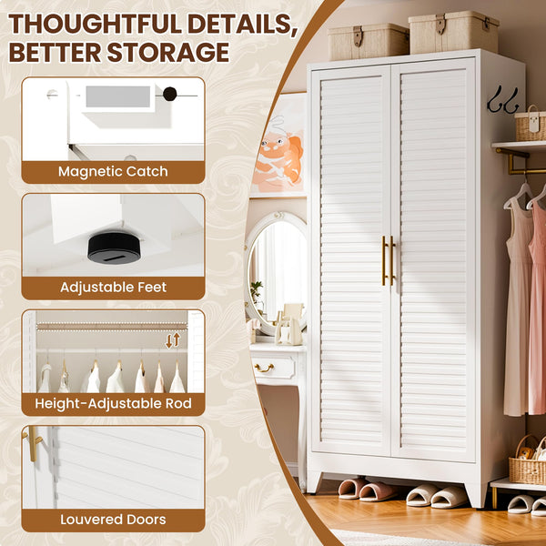 71" Metal Wardrobe Closet with Louvered Doors & Adjustable Shelves