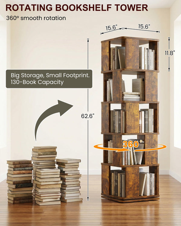 5-Tier Rotating Bookshelf Tower with 360° Swivel