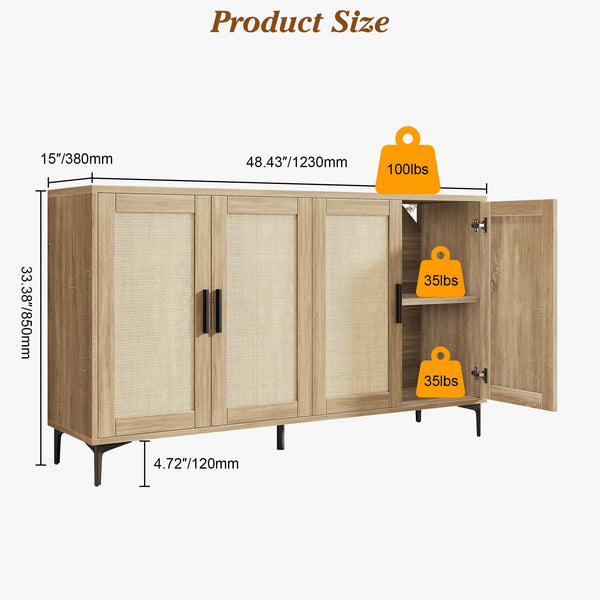 Rattan Buffet Cabinet with Storage – 48" Sideboard with Adjustable Shelves