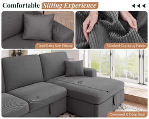 U-Shaped Sectional Sofa Bed with Storage, 6-Seater, 130"