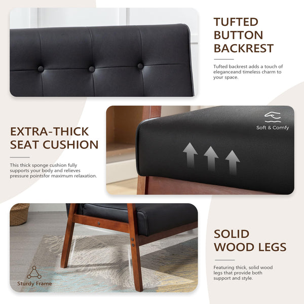 Mid-Century Modern Loveseat Sofa – Faux Leather, 2-Seat