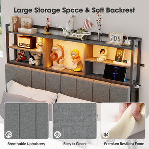 Upholstered Headboard with Storage Shelves, USB Charging & LED Light