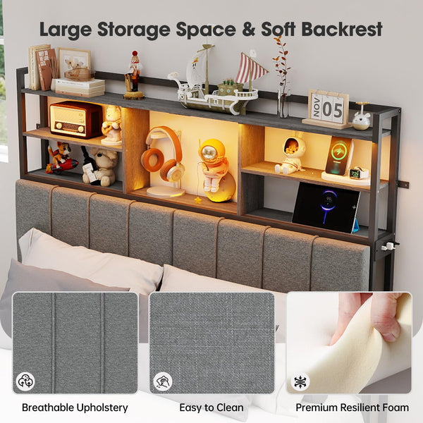 Upholstered Headboard with Storage Shelves, USB Charging & LED Light