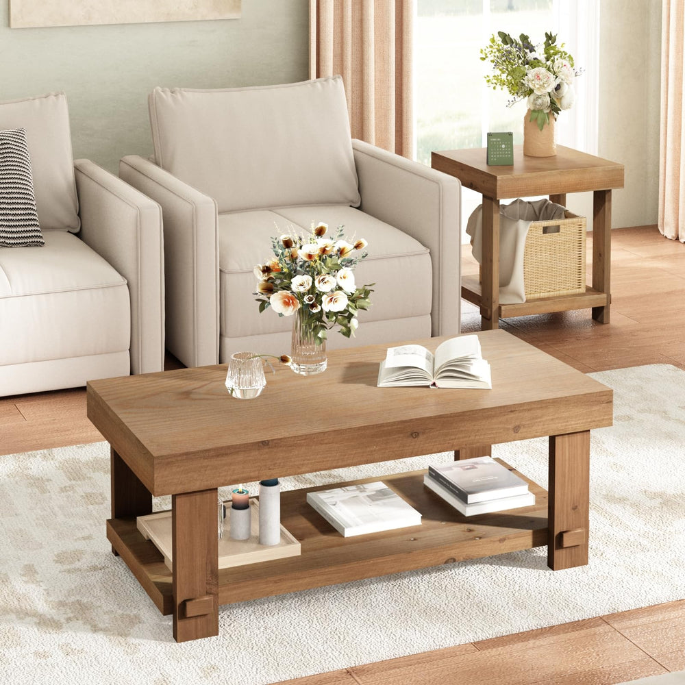 Farmhouse Solid Wood Coffee Table with Storage Shelf