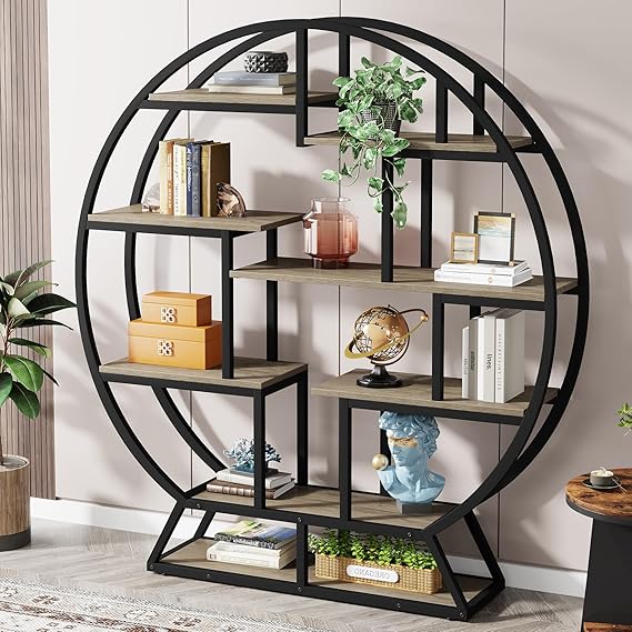 Round Etagere Bookcase with Staggered Shelves, 63" Industrial Bookshelf