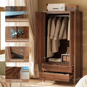 2-Door 2-Drawer Wardrobe with Engineered Wood Storage Cabinet