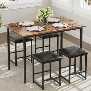 5-Piece Dining Table Set with Faux Marble Top & 4 PU Stools