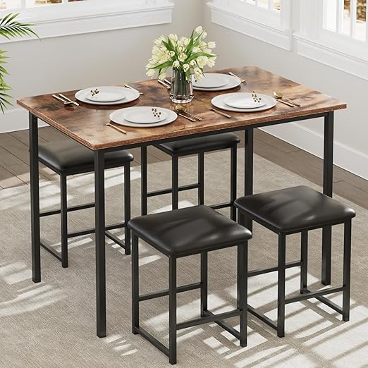5-Piece Dining Table Set with Faux Marble Top & 4 PU Stools