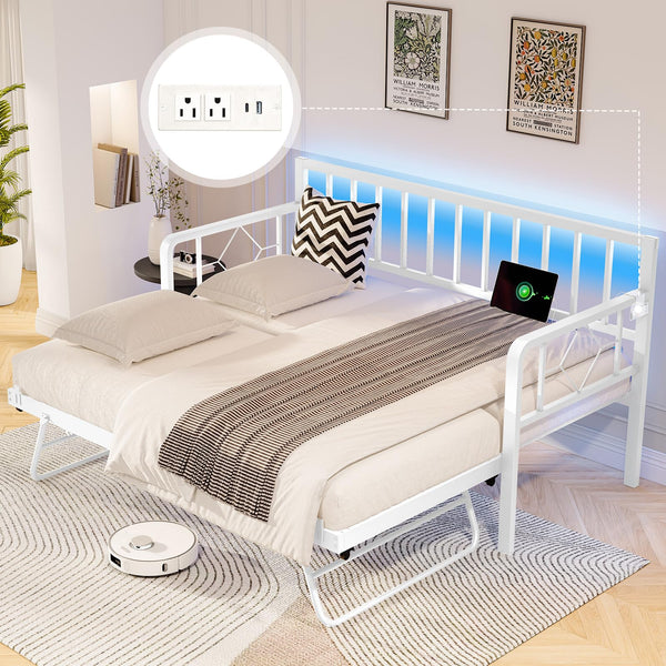 Twin Daybed with Trundle, Charging Station & LED Lights
