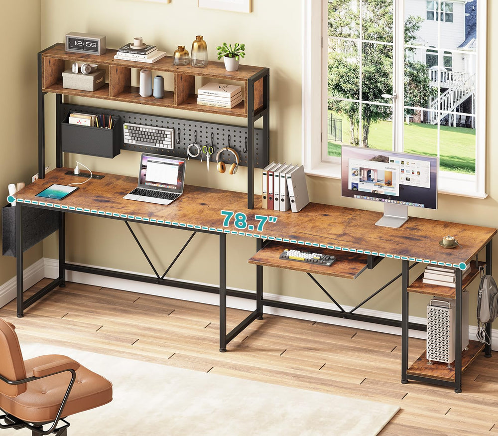 SEDETA L Shaped Gaming Desk with Hutch, 57.5” Reversible Corner Computer Desk with Storage Shelves, Gaming Desk with Pegboard, LED Lights, Power Outlet, Keyboard Tray (Rustic Brown)