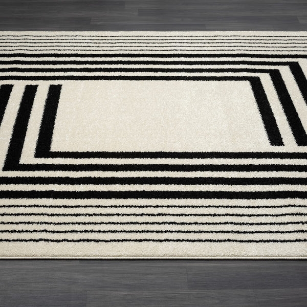 Geometric Beige & Black Area Rug | Modern 3D Lines | Medium Pile