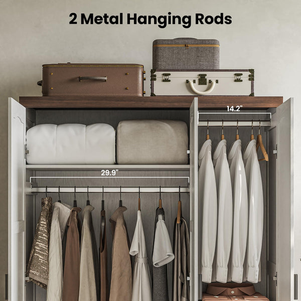 3-Door Wardrobe Closet with Mirror, Hanging Rods & Shelves – White