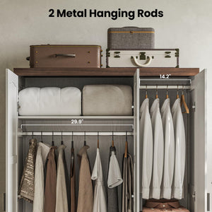 3-Door Wardrobe Closet with Mirror, Hanging Rods & Shelves – White Bedroom Armoire