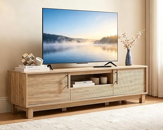 Amada 58" TV Stand for TVs up to 65 Inch, Fluted Entertainment Center with Storage Cabinets and Drawer, Mid Century Modern TV Console Table for Living Room & Bedroom, Walnut