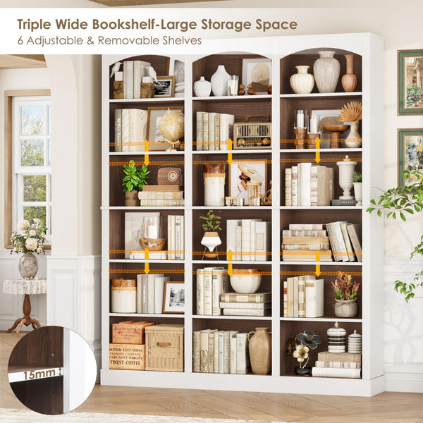 71" 6-Tier Triple Wide Bookcase with Arched Top