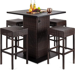 5-Piece Outdoor Wicker Bar Table Set with 4 Stools