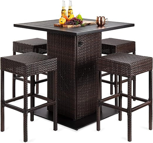 5-Piece Outdoor Wicker Bar Table Set with 4 Stools