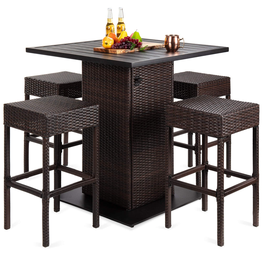5-Piece Outdoor Wicker Bar Table Set with 4 Stools